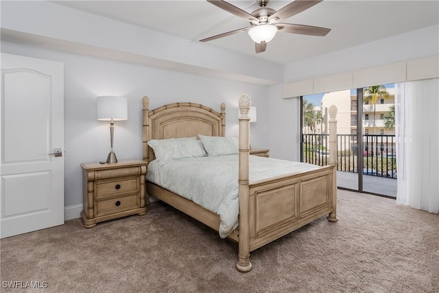 carpeted bedroom with access to exterior and ceiling fan