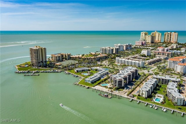 drone / aerial view featuring a water view