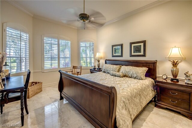 tiled bedroom with multiple windows, ceiling fan, and crown molding