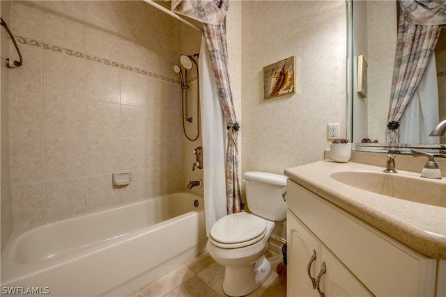 full bathroom with tile patterned flooring, vanity, toilet, and shower / bath combo with shower curtain