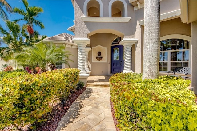 entrance to property with stucco siding