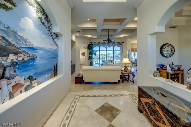 living area featuring recessed lighting, coffered ceiling, baseboards, beamed ceiling, and crown molding