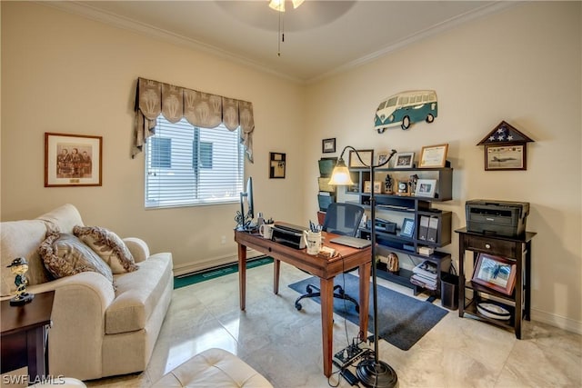 office area featuring a ceiling fan, crown molding, and baseboards