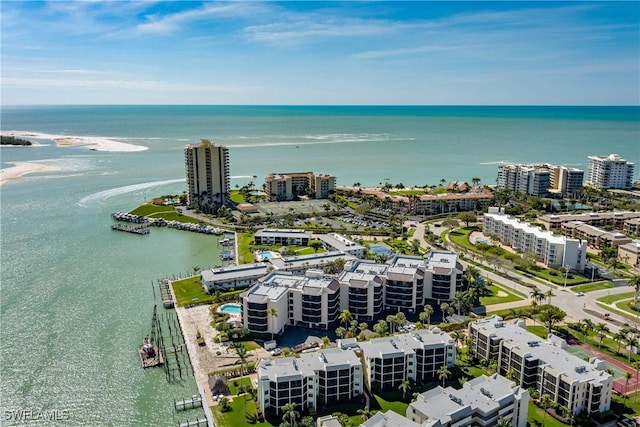 drone / aerial view with a water view and a view of city