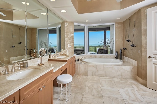 bathroom featuring plus walk in shower and vanity