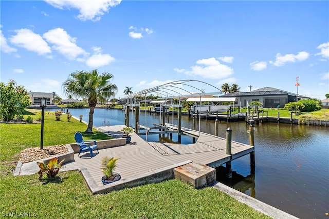 dock area with a water view, a yard, and a lanai