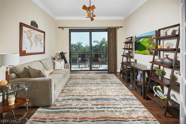 living room featuring ornamental molding and dark wood-type flooring