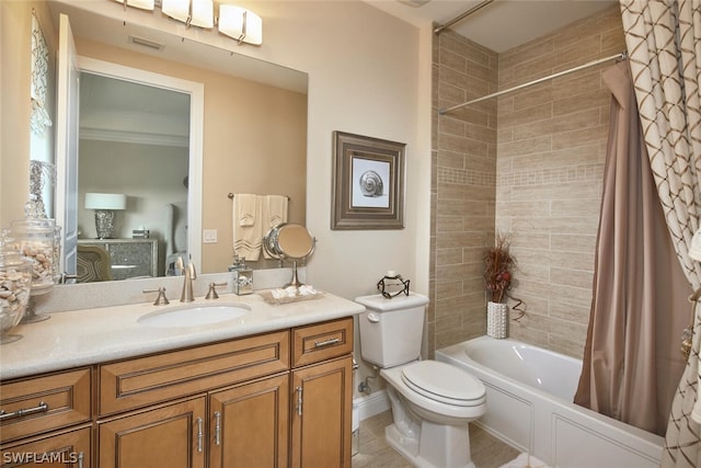 full bathroom featuring toilet, vanity, ornamental molding, tile flooring, and shower / tub combo with curtain