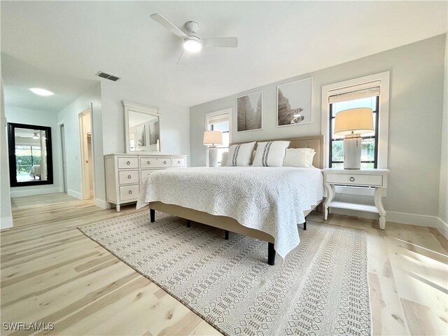 bedroom featuring ceiling fan and light hardwood / wood-style flooring