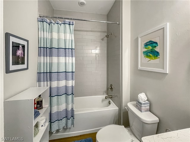 bathroom with shower / bath combination with curtain and toilet