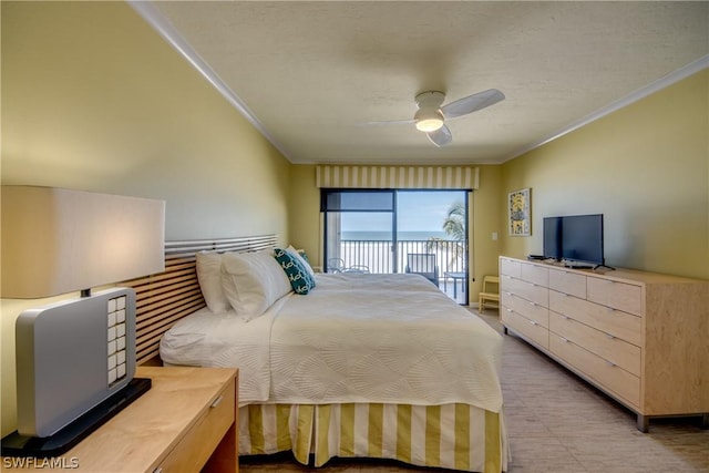 bedroom with access to exterior, ceiling fan, and ornamental molding