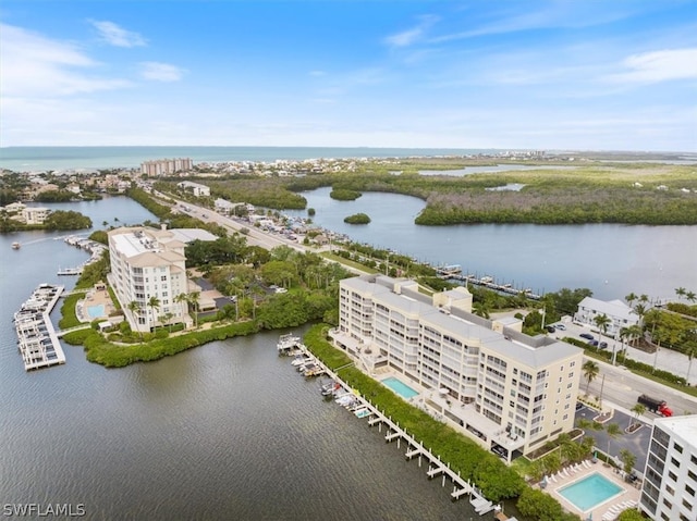 aerial view featuring a water view