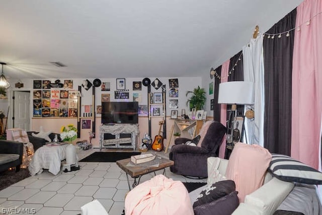 living room with light tile floors