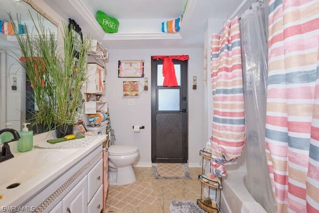 full bathroom with tile flooring, shower / tub combo with curtain, toilet, ornamental molding, and vanity