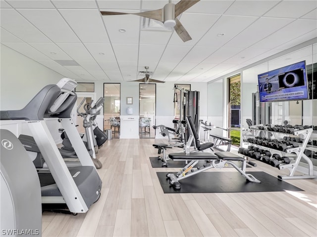 workout area featuring light hardwood / wood-style floors, expansive windows, ceiling fan, and a drop ceiling