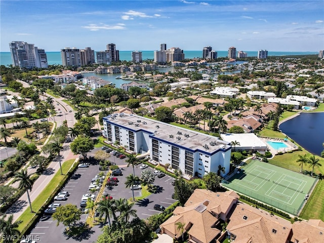 bird's eye view with a water view