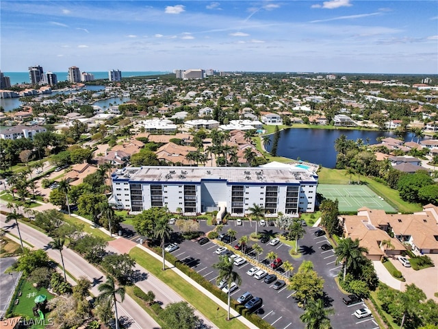 bird's eye view with a water view