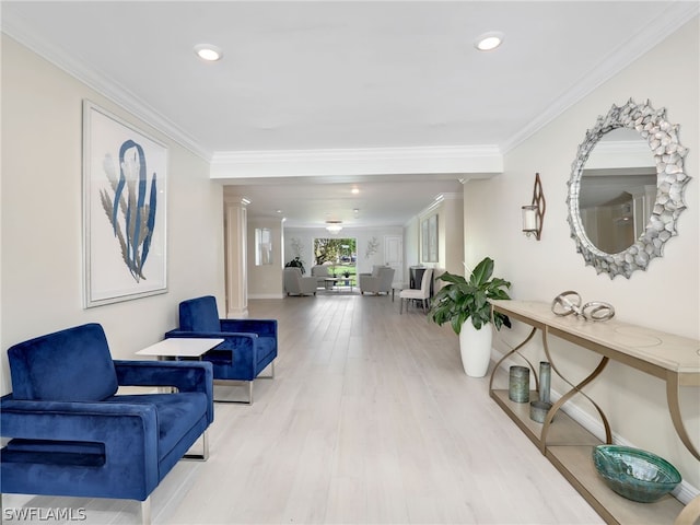 hall with crown molding and light wood-type flooring