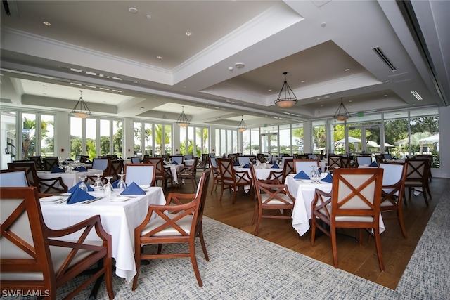 dining space featuring a raised ceiling, dark hardwood / wood-style flooring, and ornamental molding