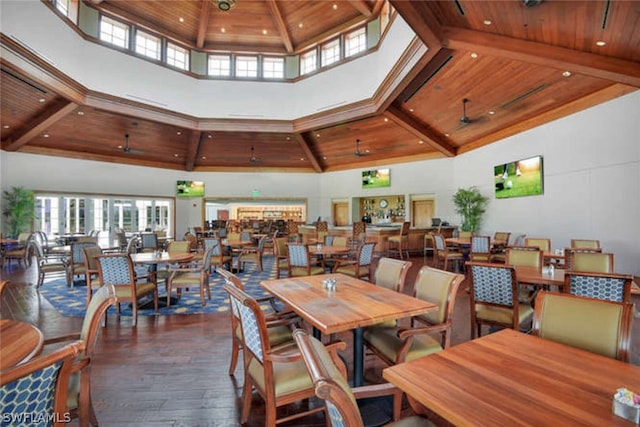 dining space featuring high vaulted ceiling, wooden ceiling, beamed ceiling, and dark hardwood / wood-style floors