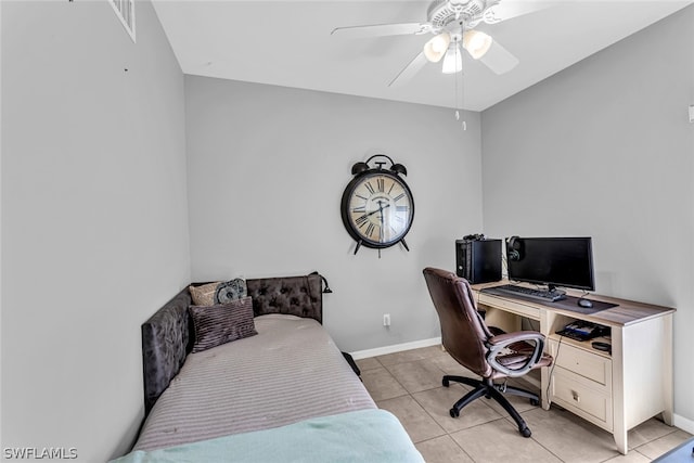 tiled bedroom with ceiling fan