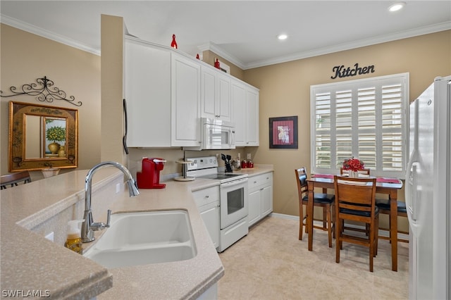 kitchen featuring white cabinets, sink, light tile flooring, white appliances, and ornamental molding