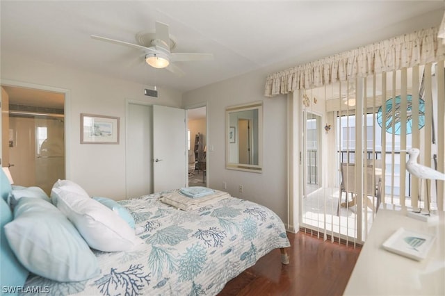 bedroom featuring ceiling fan and dark hardwood / wood-style floors