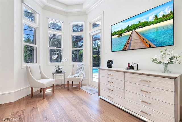 sitting room with crown molding, light hardwood / wood-style floors, and a tray ceiling