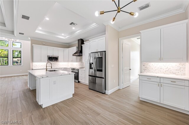 kitchen with a tray ceiling, tasteful backsplash, stainless steel appliances, wall chimney range hood, and sink