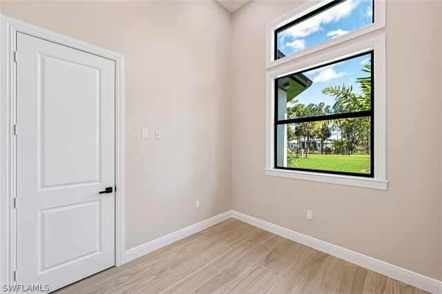 spare room with a wealth of natural light and light hardwood / wood-style flooring