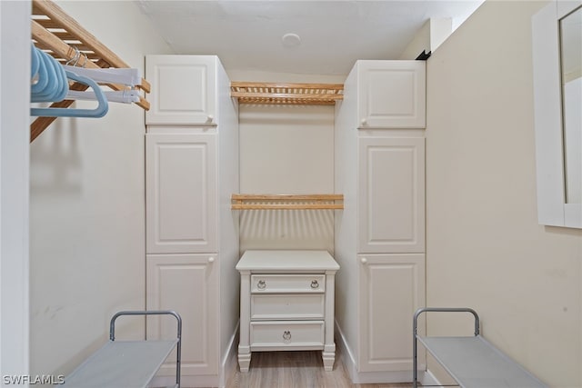 walk in closet with light hardwood / wood-style flooring