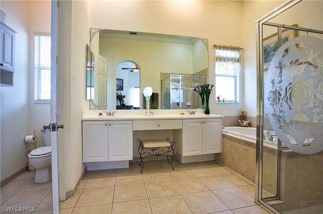 full bathroom with vanity, toilet, and tile patterned flooring