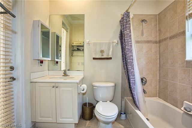 full bathroom featuring ornamental molding, vanity, toilet, shower / bath combo, and tile patterned floors