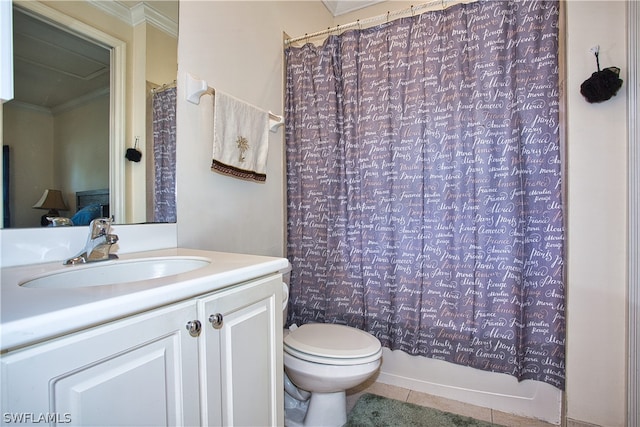 full bathroom with tile patterned floors, toilet, shower / tub combo, ornamental molding, and vanity