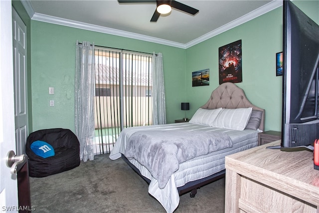 bedroom featuring ornamental molding, ceiling fan, and carpet flooring