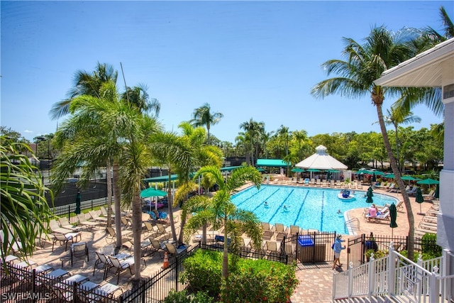 view of pool featuring a gazebo and a patio