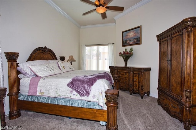 carpeted bedroom with ceiling fan and ornamental molding