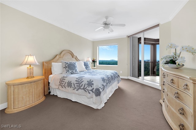 carpeted bedroom with ceiling fan, crown molding, and access to outside