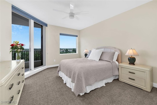 bedroom with access to exterior, ceiling fan, and carpet floors