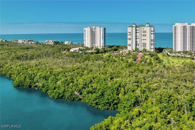 drone / aerial view featuring a water view and a view of city