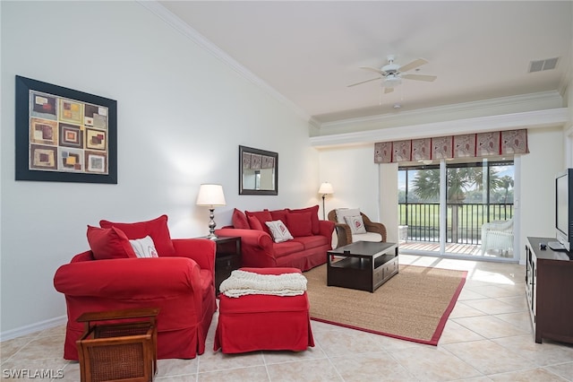 living room featuring light tile flooring, ceiling fan, and crown molding