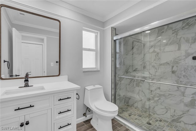 bathroom featuring toilet, ornamental molding, large vanity, and a shower with door