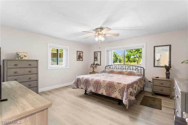 bedroom featuring ceiling fan and light wood-type flooring