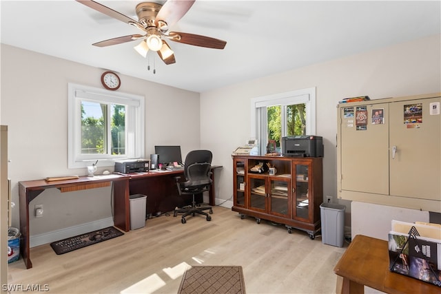 office area featuring light hardwood / wood-style flooring and ceiling fan