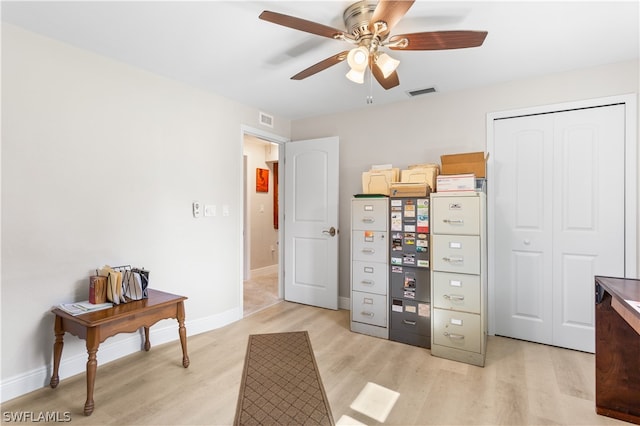 interior space featuring light hardwood / wood-style flooring, ceiling fan, and a closet