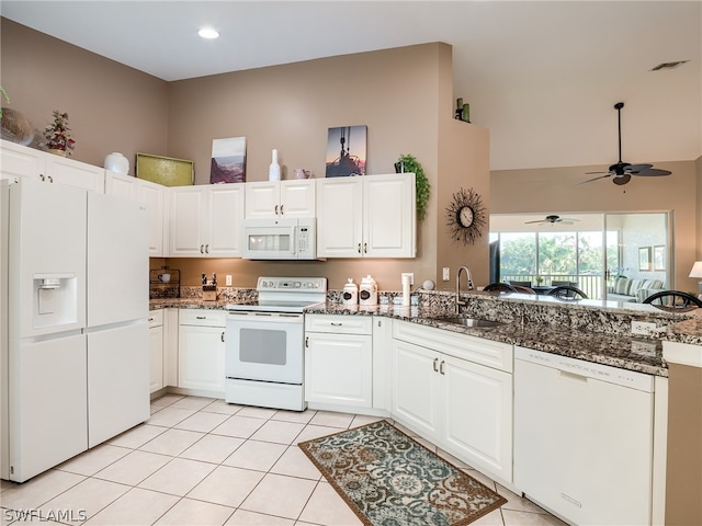 kitchen featuring kitchen peninsula, white cabinets, white appliances, and sink