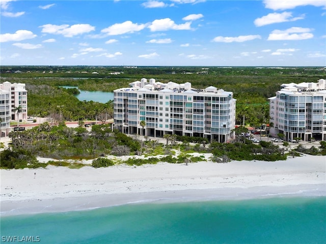 aerial view featuring a water view and a view of the beach