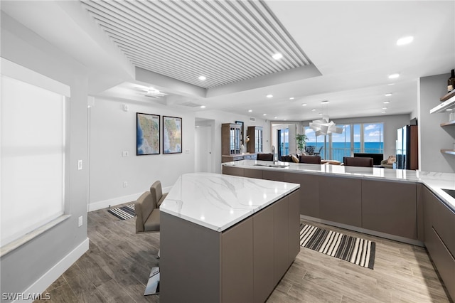 kitchen with sink, light stone counters, a raised ceiling, and light hardwood / wood-style flooring