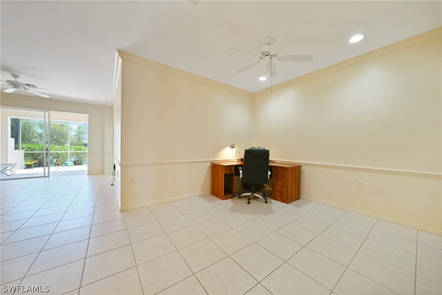 unfurnished office with ornamental molding, ceiling fan, and light tile floors