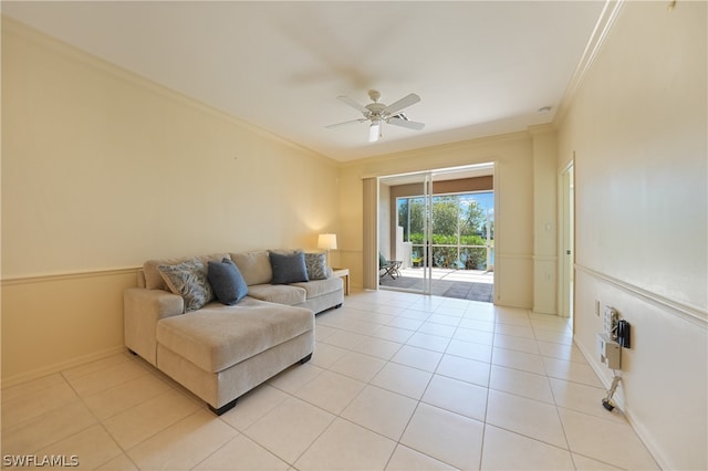 living room featuring ornamental molding, ceiling fan, and light tile floors